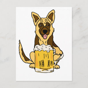 Funny German Shepherd Dog Drinking Beer Art Postcard
