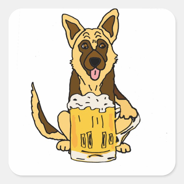 Funny German Shepherd Dog Drinking Beer Art Square Sticker (Front)