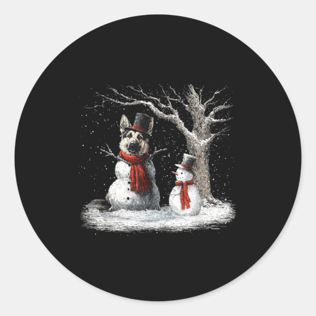 Funny German Shepherd Dog In The Snow Tree Christm Classic Round Sticker (Front)