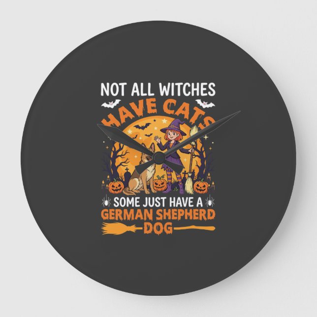 Funny German Shepherd Halloween Witch Dog Large Clock (Front)