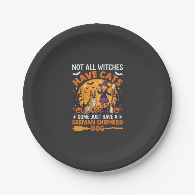 Funny German Shepherd Halloween Witch Dog Paper Plate (Front)
