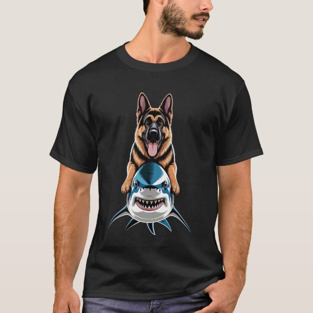 Funny German Shepherd Riding Shark T-Shirt (Front)