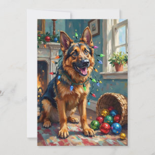 Funny German Shepherd Tangled in Christmas Lights Holiday Card