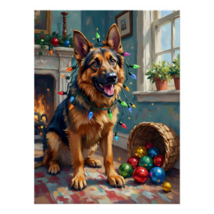 Funny German Shepherd Tangled in Christmas Lights Poster