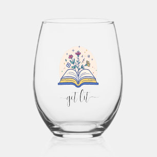 Funny Get Lit Book Lovers Stemless Wine Glass