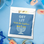 Funny "Get Lit" Chic Personalised Menorah Hanukkah Favour Bags<br><div class="desc">Add a festive flair to your Hanukkah celebration with these fun "Get Lit" favour bags! Featuring a bold blue menorah illustration, a playful message, and customisable family name text, these bags are perfect for handing out holiday treats, gifts, or party favours. The vibrant design and humourous phrase bring personality and...</div>
