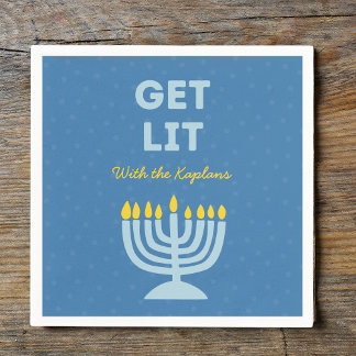 Funny "Get Lit" Chic Personalised Menorah Hanukkah Napkin