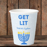 Funny "Get Lit" Chic Personalised Menorah Hanukkah Paper Cups<br><div class="desc">Celebrate Hanukkah in style with these fun and festive "Get Lit" cups! Featuring a bold blue menorah illustration and customisable family name text, these cups are perfect for adding a touch of humour to your holiday gatherings. The playful design, complete with bright colours and a cheerful message, makes these cups...</div>