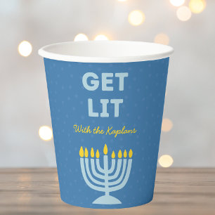 Funny "Get Lit" Chic Personalised Menorah Hanukkah Paper Cups