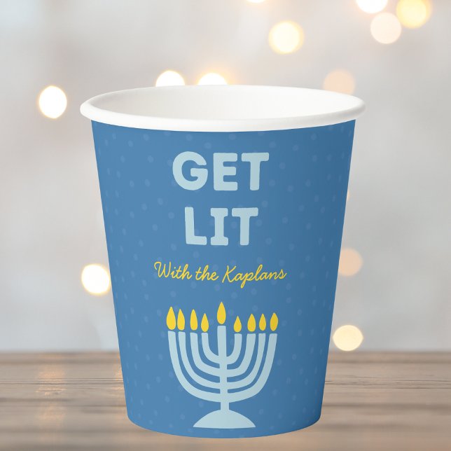 Funny "Get Lit" Chic Personalised Menorah Hanukkah Paper Cups (Creator Uploaded)