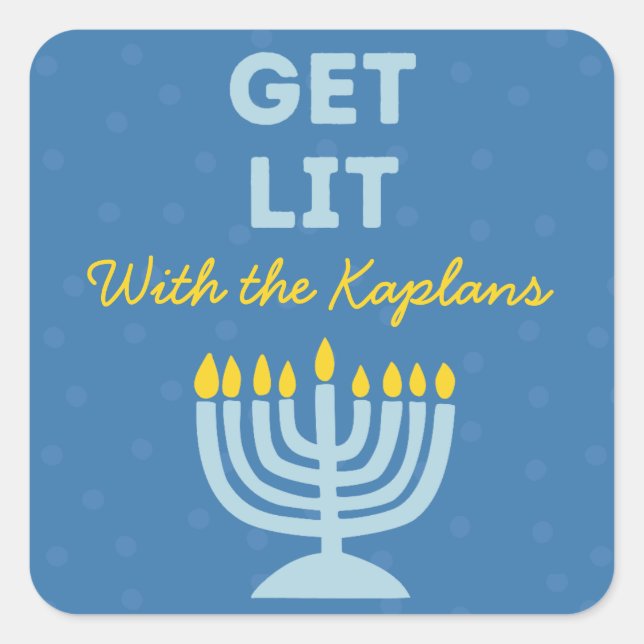 Funny "Get Lit" Chic Personalised Menorah Hanukkah Square Sticker (Front)
