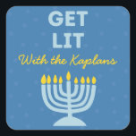 Funny "Get Lit" Chic Personalised Menorah Hanukkah Square Sticker<br><div class="desc">Bring a festive spark to your Hanukkah celebrations with these fun "Get Lit" stickers! Featuring a bold menorah illustration, customisable family name text, and a playful message, these stickers are perfect for adding personality to gift bags, favour boxes, or holiday cards. The vibrant design and humourous phrase make them a...</div>