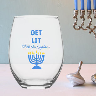 Funny "Get Lit" Chic Personalised Menorah Hanukkah Stemless Wine Glass