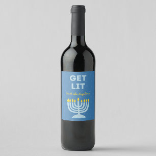 Funny "Get Lit" Chic Personalised Menorah Hanukkah Wine Label