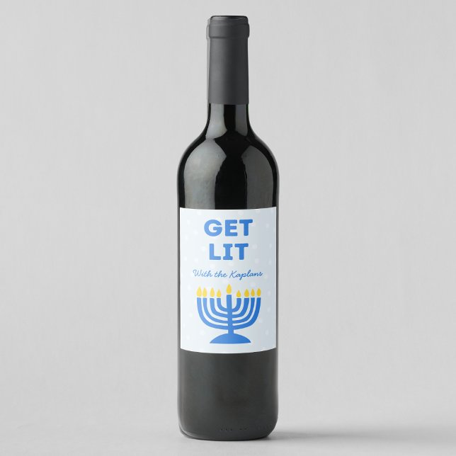 Funny "Get Lit" Chic Personalised Menorah Hanukkah Wine Label (Creator Uploaded)