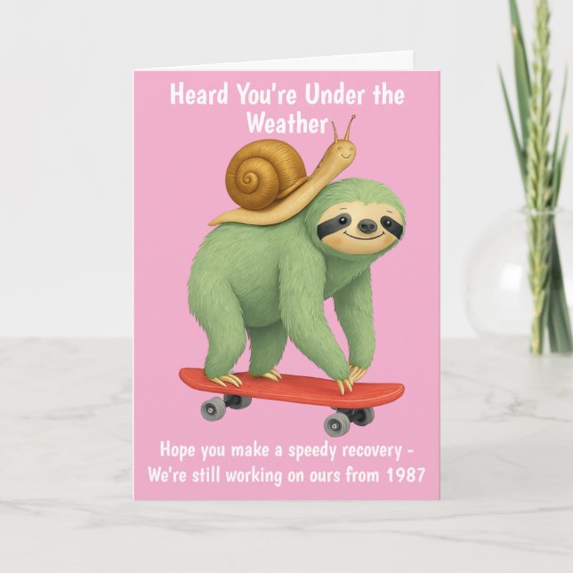 Funny Get Well Card Sloth Snail Skateboard Art (Front)