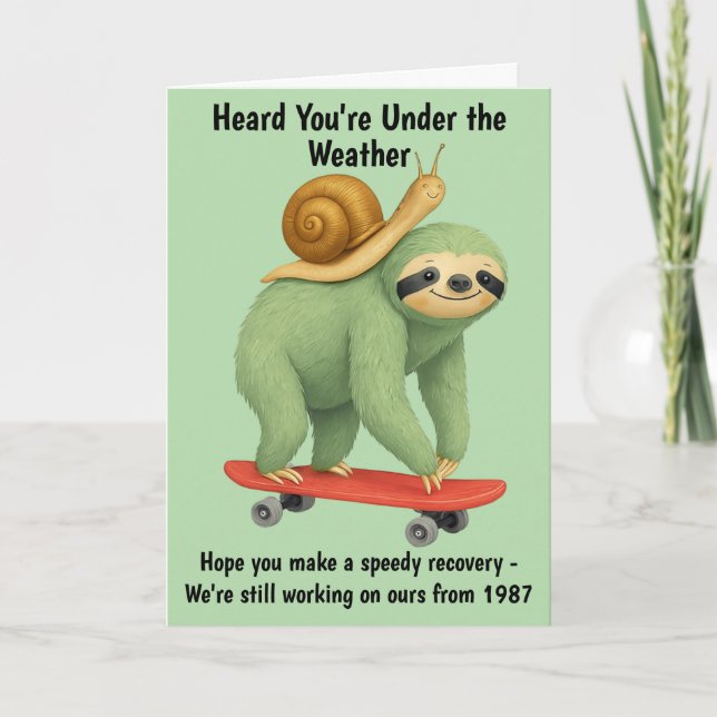 Funny Get Well Card Sloth Snail Skateboard Art (Front)