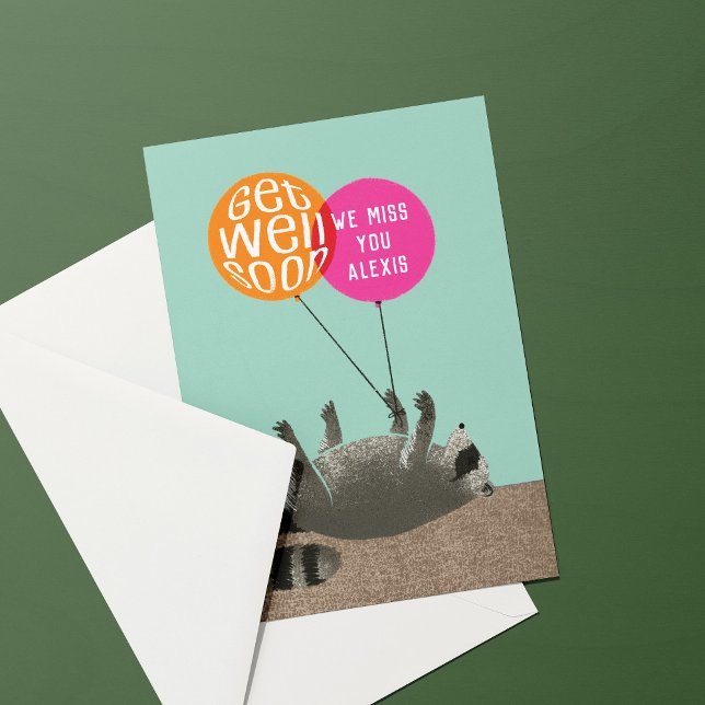 Funny Get Well Racoon Balloons Card (funny dark humor get well soon card with dead raccoon and balloons tied to a foot)