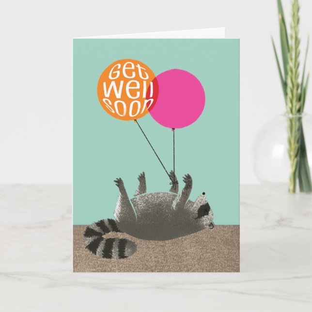 Funny Get Well Soon Racoon Balloons Card (Front)