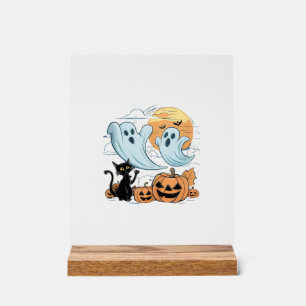 Funny Ghost & Black Cat Lazy Halloween Spooky Seas Acrylic Sign