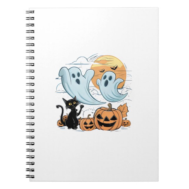 Funny Ghost & Black Cat Lazy Halloween Spooky Seas Notebook (Front)