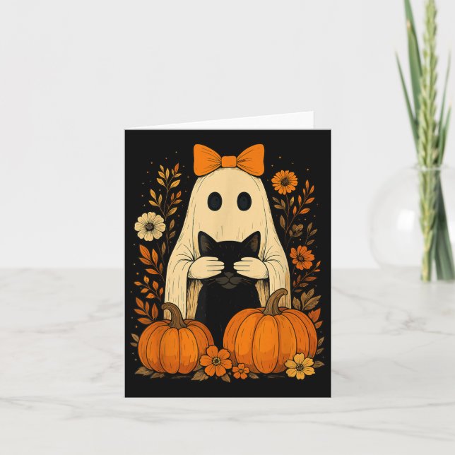 Funny Ghost Bow Holding Black Cat Fall Halloween  Card (Front)