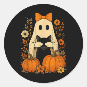 Funny Ghost Bow Holding Black Cat Fall Halloween Classic Round Sticker