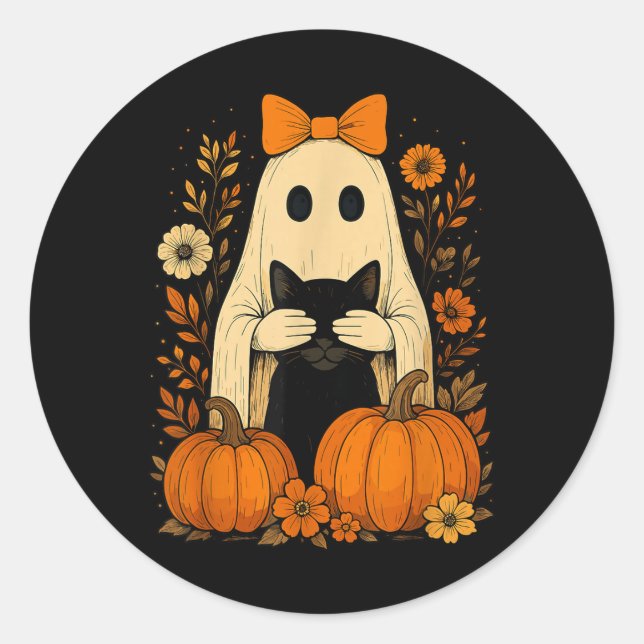 Funny Ghost Bow Holding Black Cat Fall Halloween  Classic Round Sticker (Front)