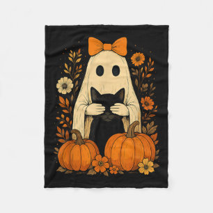 Funny Ghost Bow Holding Black Cat Fall Halloween Fleece Blanket