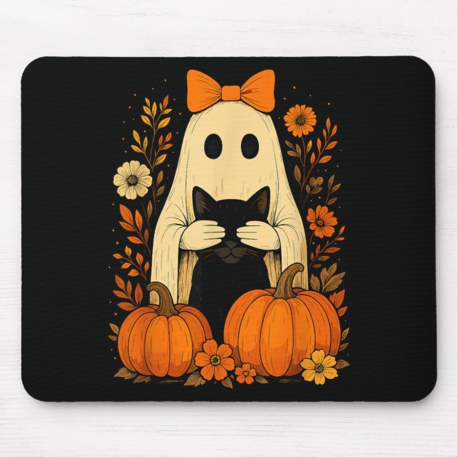 Funny Ghost Bow Holding Black Cat Fall Halloween Mouse Mat (Front)