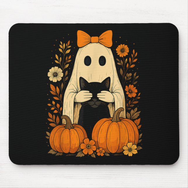 Funny Ghost Bow Holding Black Cat Fall Halloween  Mouse Mat (Front)