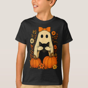 Funny Ghost Bow Holding Black Cat Fall Halloween T-Shirt