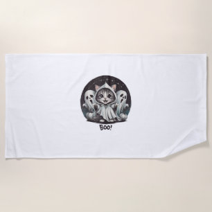 Funny Ghost Cat Boo Halloween Animal Ghost Kitty T Beach Towel