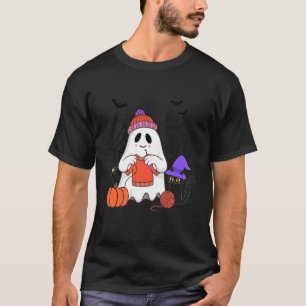 Funny Ghost Crocheting Black Cat Halloween T-Shirt
