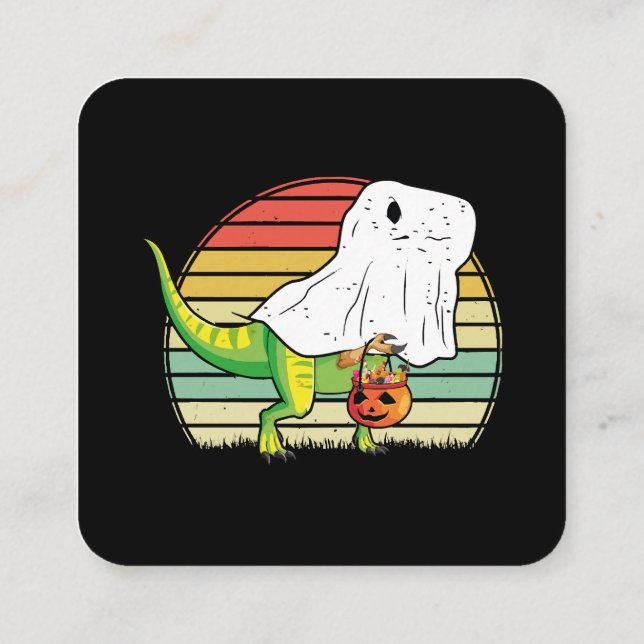 Funny Ghost Dinosaur Halloween Square Business Card (Back)