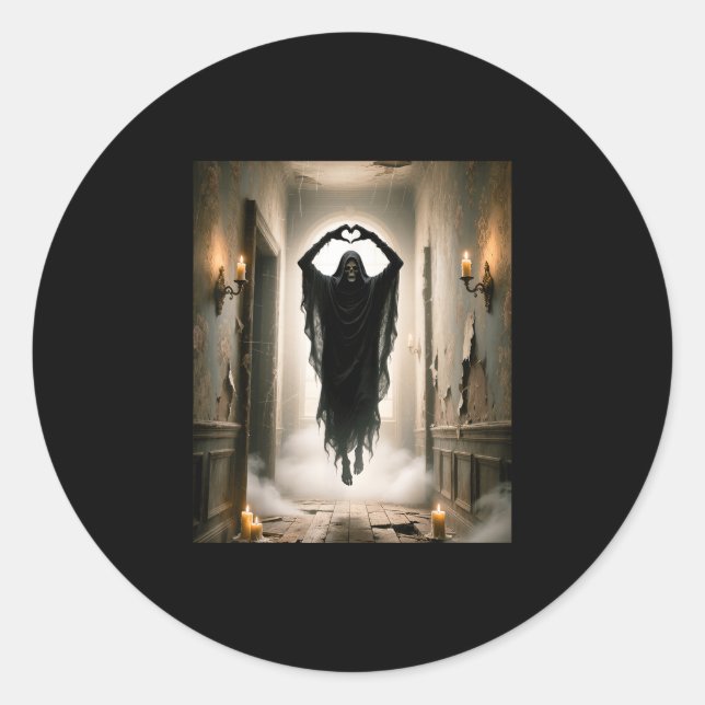 Funny ghost heart hands scary face halloween classic round sticker (Front)