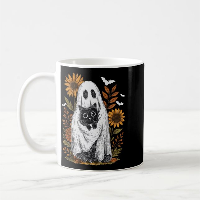 Funny Ghost Holding Black Cat Halloween Ghost Cat Coffee Mug (Left)