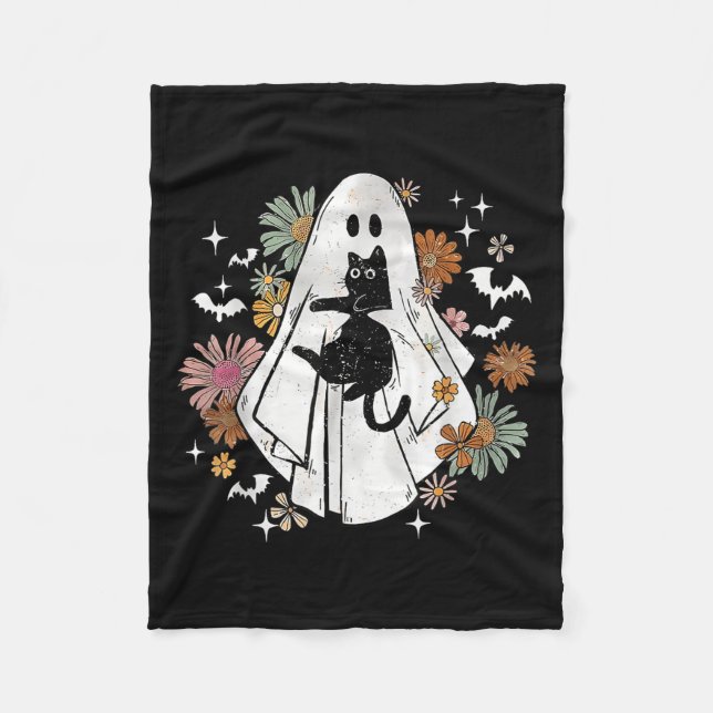 Funny Ghost Holding Black Cat Halloween Ghost Cat  Fleece Blanket (Front)
