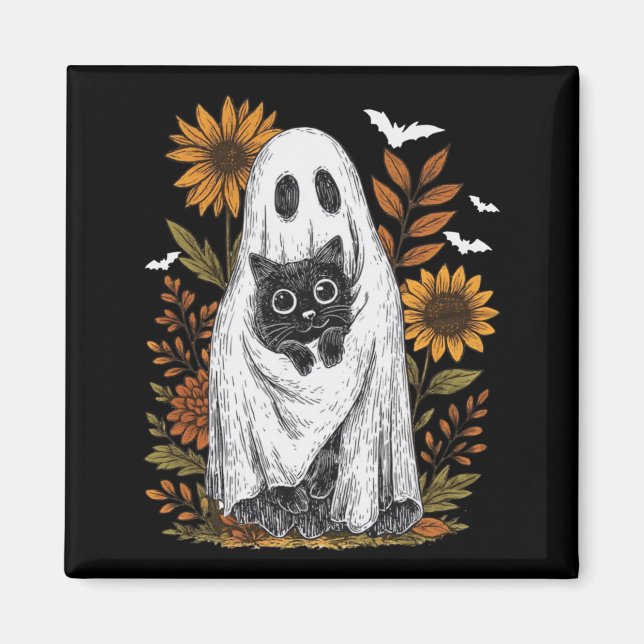 Funny Ghost Holding Black Cat Halloween Ghost Cat Magnet (Front)