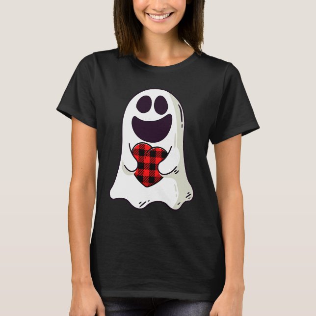 Funny Ghost Hugging Red Hearts Plaid buffalo Valen T-Shirt (Front)