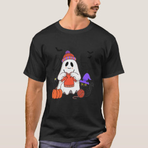 Funny Ghost Knitting Black Cat Halloween T-Shirt
