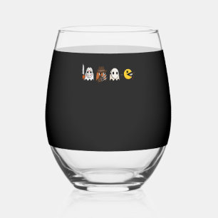 Funny ghost parody of Halloween gamers Stemless Wine Glass