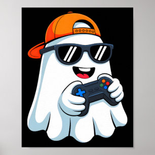 Funny Ghost Playing Video Game Halloween Gaming Bo Poster