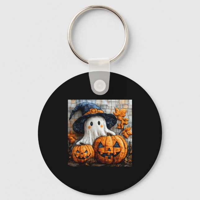 Funny Ghost Pumpkin Cute Halloween Patchwork Art  Key Ring (Front)