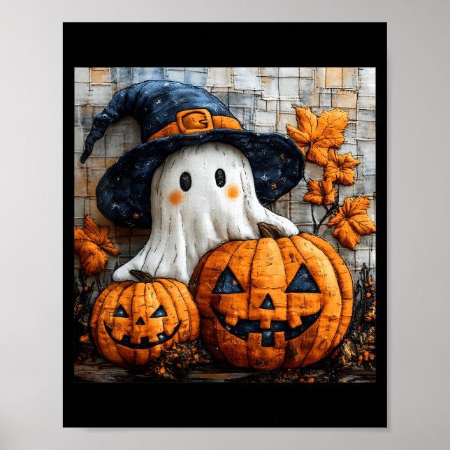 Funny Ghost Pumpkin Cute Halloween Patchwork Art  Poster (Front)