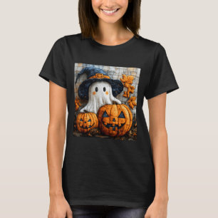 Funny Ghost Pumpkin Cute Halloween Patchwork Art T-Shirt