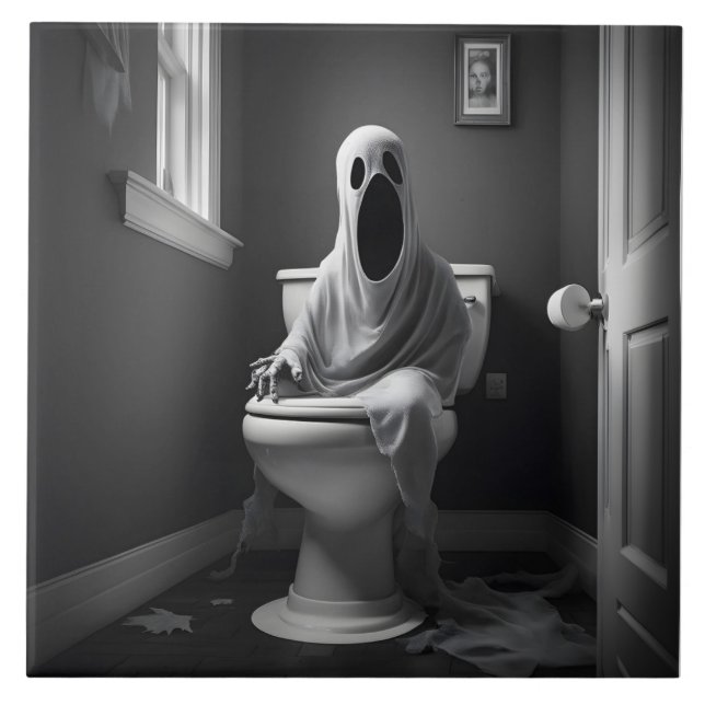 Funny ghost sitting in toilet tile (Front)