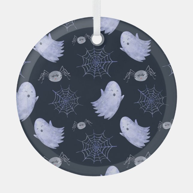 Funny Ghost Spider Halloween Pattern. Glass Tree Decoration (Front)