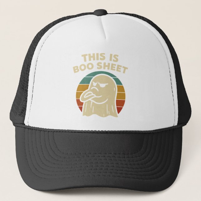 Funny Ghost "This Is Boo Sheet" Retro Halloween Trucker Hat (Front)