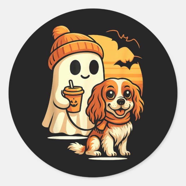 Funny Ghost Walking Cavalier King Charles Dog Classic Round Sticker (Front)
